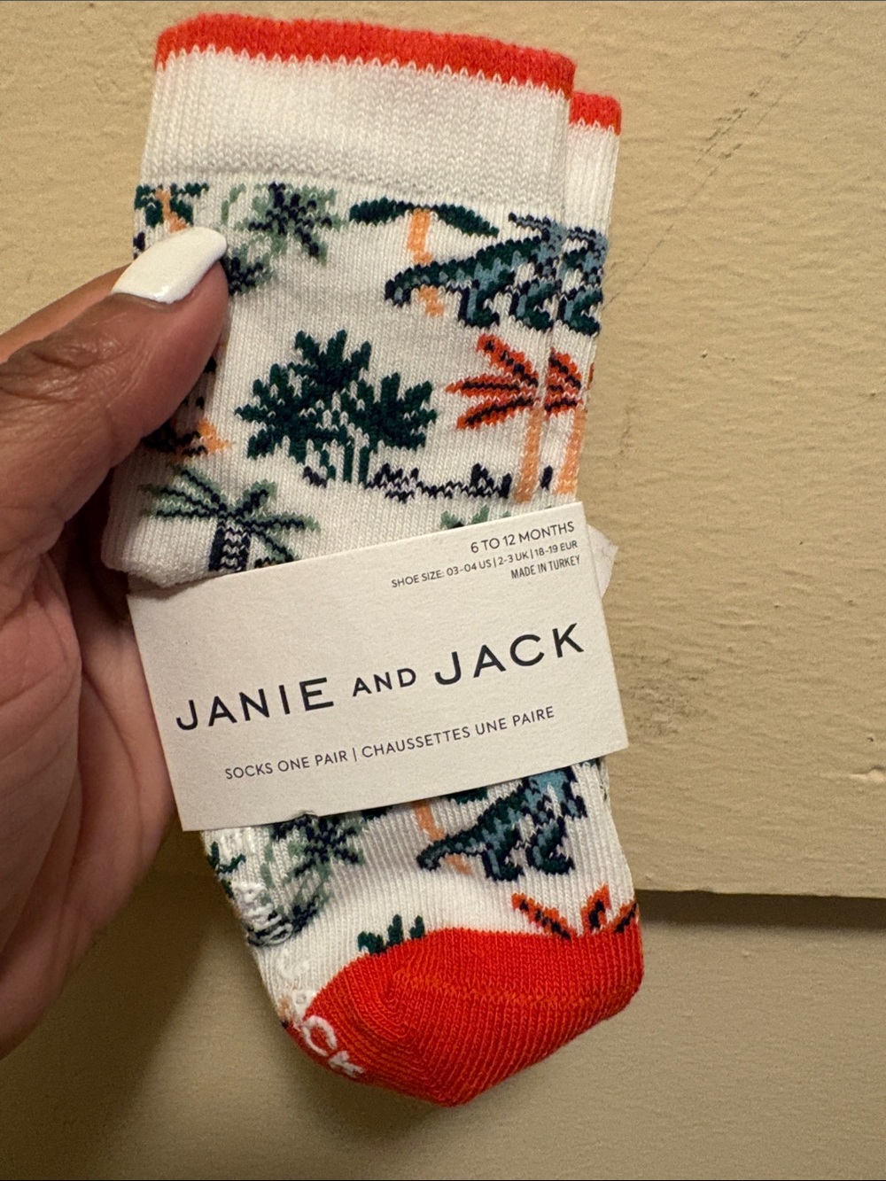 Janie and Jack White Socks with Orange Trim and Green Palm Print